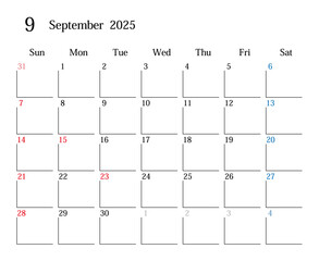 2025年9月、日本のカレンダー