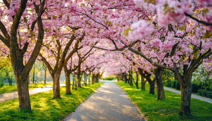 Sakura cherry blossoms, creating a mesmerizing alleyway