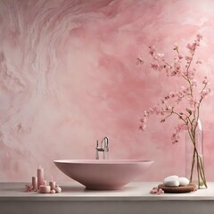 The sink in the pink room looks classy. The sides are decorated with scented candles. Helps increase relaxation. And the other side is decorated with a flower vase, adding nature to the room.