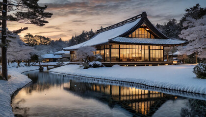 Fototapeta na wymiar Serenity at sunset: Traditional Japanese house with a dark Onsen, nestled in a classic garden, embodying tranquility and timeless elegance