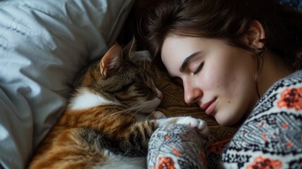 A peaceful domestic scene of a woman laying down, sleeping with her beloved cat, their faces intertwined in a comforting nap