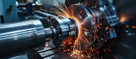 Metal machining industry with CNC turning machines for high-speed cutting, producing sparks during metalworking operations.