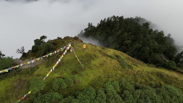 Aerial video of a man in Solukhumbu village, Nepal Himalayas.