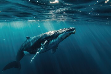 Fototapeta premium A majestic cetacean gracefully navigates the depths of the ocean, its powerful fins propelling it through the water as it peacefully coexists with other marine creatures such as fish and sharks