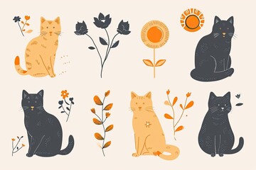 An enchanting illustration of domestic cats surrounded by a colorful array of flowers, capturing the delicate beauty and playful nature of these beloved felidae companions