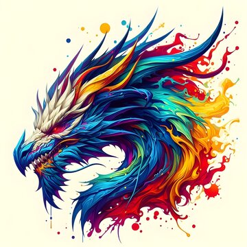 Dragon head, splash style of colorful paint, contour, hyper detailed. 
