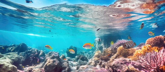 Colorful fish swimming over rocky seabed, underwater seascape. Snorkeling photo of marine life. Travel picture.