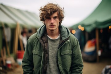 Handsome young man with curly blond hair in a green jacket on a market stall
