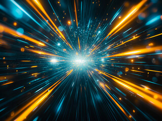 Fototapeta premium Abstract futuristic background high speed straight blue yellow lines and bokeh glowing neon moving. High speed futuristic travel concept. Sending data