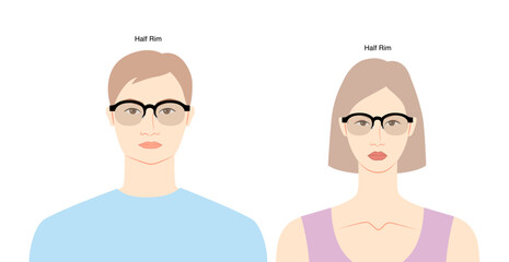 Half Rim Browline frame glasses on women and men flat character fashion accessory illustration. Sunglass front view unisex silhouette style, rim spectacles eyeglasses, lens sketch style outline