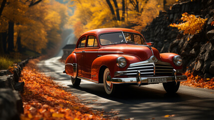 Classic Wheels: Revving Through Time on the Open Road in a Retro Red Automobile, generative AI
