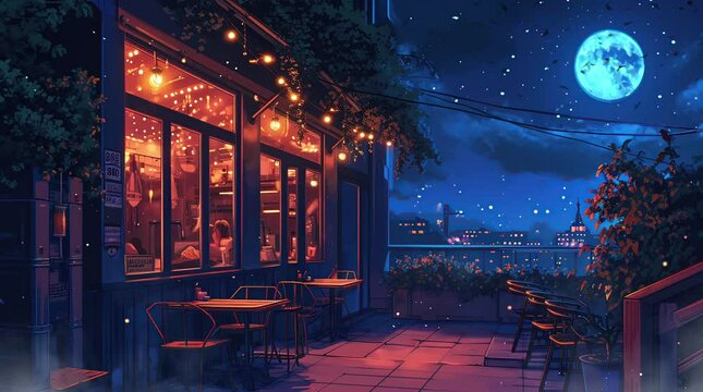 cafe on evening. Lights of the evening city, evening of a calm day, Seamless looping 4k time-lapse virtual video animation background. Generated AI