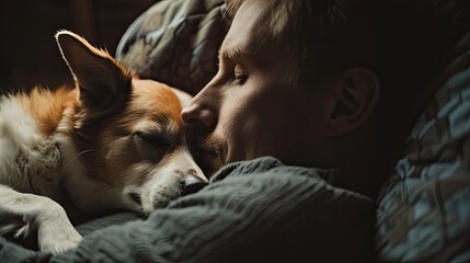A loyal companion rests by his owner's side, the warmth of their bond radiating in the cozy indoor setting