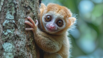 Cute slow loris clinging to a tree in the forest