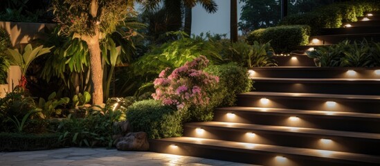 Obraz premium Concrete stairs in backyard garden with shrubs, lights.