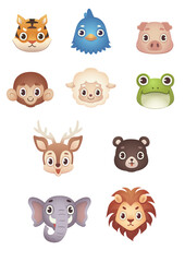 Cute baby safari animal faces vector illustration. The set includes a tiger, bird, pig, monkey, sheep, frog, deer, bear, elephant, and lion.