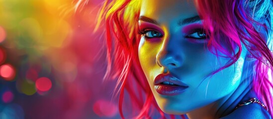 Stylish woman with vibrant neon hair in a trendy club setting.