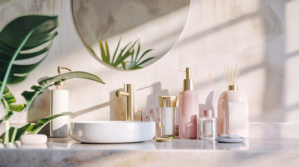 Cosmetic product display bathroom interior background . Generative AI - obrazy, fototapety, plakaty