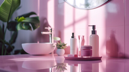 Obraz na płótnie Canvas Soap dispenser with shampoo and towel on defocused bathroom background. Generative AI