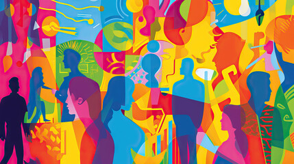 Creative Collaboration: An abstract background depicting people working together in a collaborative environment, surrounded by vibrant colors and artistic elements to represent creativity