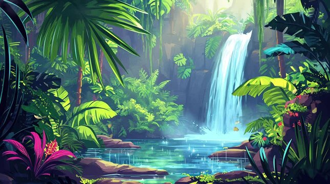 amazing waterfall landscape with tropical plants  Seamless looping 4k time-lapse virtual video animation background. Generated AI