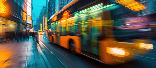 Evening city streets blurred by yellow bus in motion at sunset.