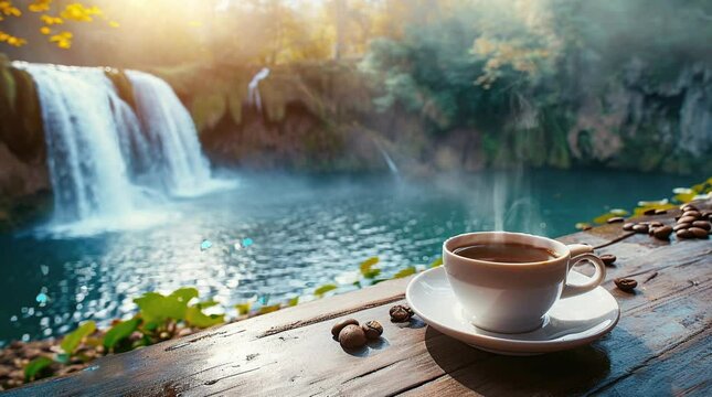 A cup of coffee on the table with a beautiful view of the waterfall. Seamless looping 4k time-lapse virtual video animation background. Generated AI