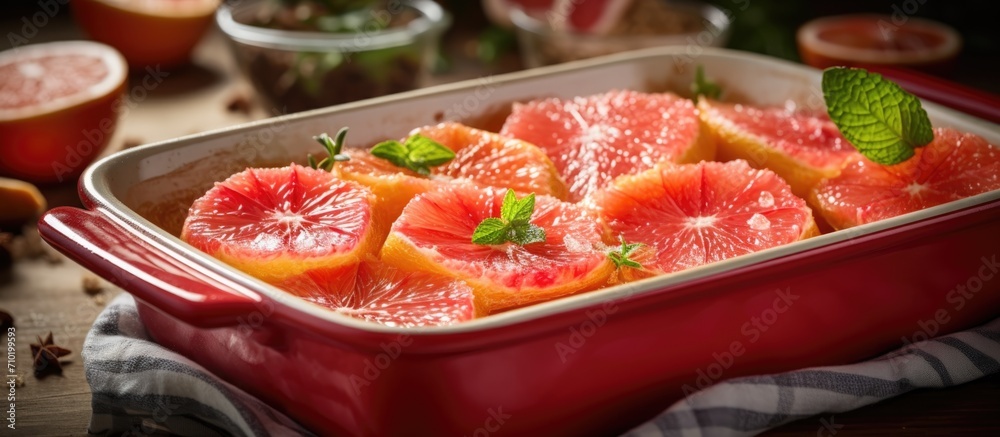 Canvas Prints Baking dish with grapefruit halves brushed with butter and sprinkled with sugar and cinnamon on a table. Cooking step, making tasty dessert.