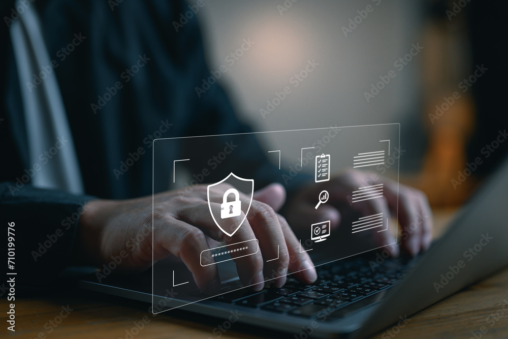 Poster Cybersecurity concept, cyber secure digital information, user privacy security and encryption, secure internet access network technology and cybernetics, screen padlock icon, privacy, safety, protect