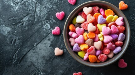 colorful valentines candy hearts in a bowl, copy space - Powered by Adobe