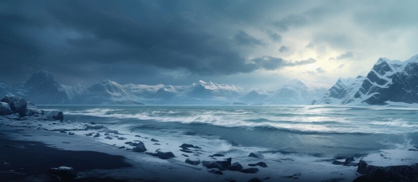 Stunning nordic beach with icy waves and beautiful scenery, featuring a fantastic landscape with freezing tides. © AkuAku
