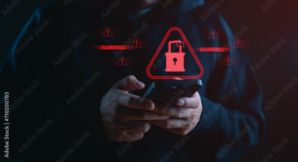 Wall mural cyberattack cybercrime hacker smartphone. internet web hack technology. digital mobile phone in scam