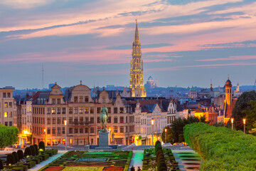 Typical belgian houses on Mont des Arts area at night in Brussels, Belgium