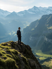Ein Businessmann steht auf einem Berg in den Schweizer Alpen und schaut zuversichtlich in die Landschaft