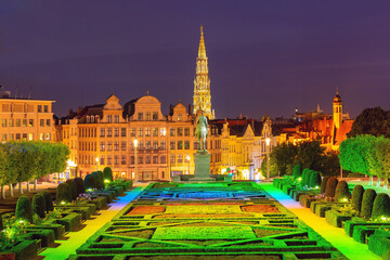 Typical belgian houses on Mont des Arts area at night in Brussels, Belgium
