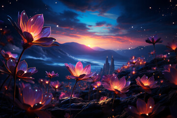Traumhafte Blüten unter dem Abendhimmel. - obrazy, fototapety, plakaty