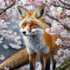 満開の桜とキツネ