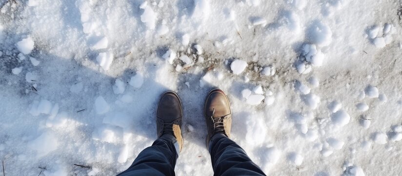 Male legs in jeans and black winter boots seen from above, standing on a snowy road on a sunny day.