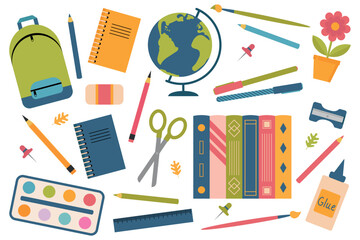 Set of school supplies. School stationery and supplies. Vector illustration, EPS 10.