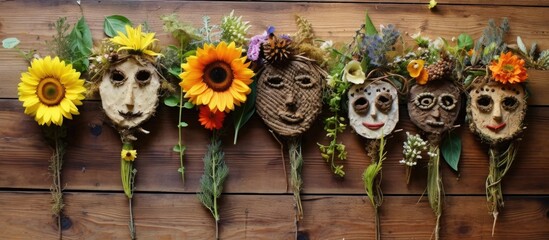 Children make small human faces using natural materials, flowers, and plants. - obrazy, fototapety, plakaty