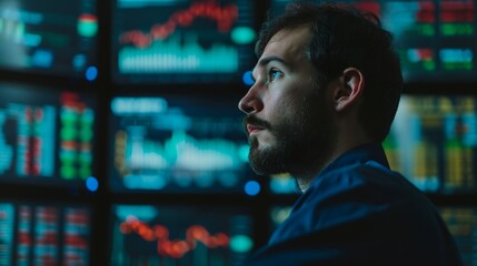 a man looking at a screen with data