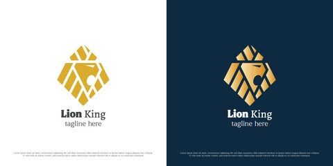 Lion king logo design illustration. Silhouette of wild animal jungle jungle crown lion head roaring fangs brave fierce ferocious carnivore claws. Simple icon symbol gradient elegant luxury majestic. - obrazy, fototapety, plakaty