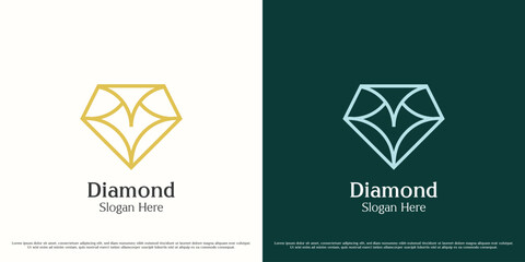 Diamond gem logo design illustration. Line art shape accessories gift jewelry shop diamond gem emerald crystal beauty brilliant fashion glamour. Luxury elegant geometric simple object icon symbol. - obrazy, fototapety, plakaty