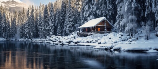 Winter wooden cabin.
