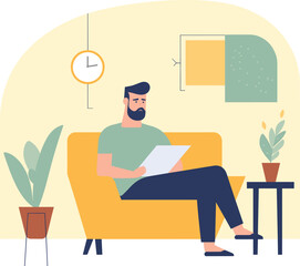Bearded man reading on a yellow sofa in a cozy room with plants and clock. Casual male relaxing with paperwork at home vector illustration.