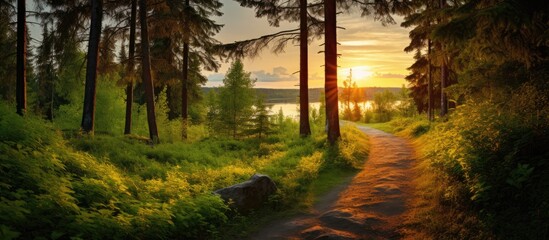 Scenic woodland trail with sunset, inspiring summer view, dirt foot or bike path.