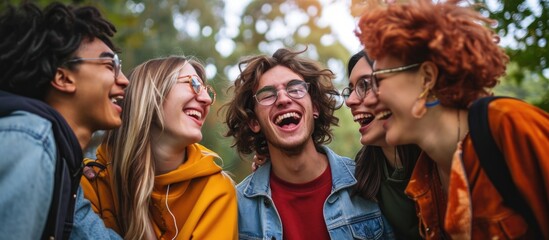 Fototapeta premium Joyful young people bonding and laughing in a park, telling funny jokes, gossiping, and enjoying the company of friends.