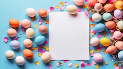 Foto op Plexiglas Easter Monday celebration. Colorful eggs surrounding a blank sheet on a light blue background. © Andres Serna