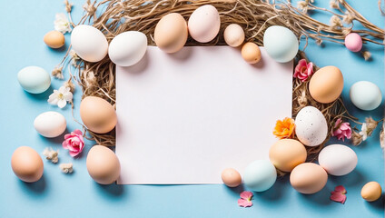 A sheet of white paper surrounded by eggs. Concept of Easter Monday. Image with copy space.