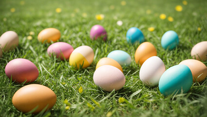 Easter eggs on grass on a sunny day. Hunting for colored eggs.